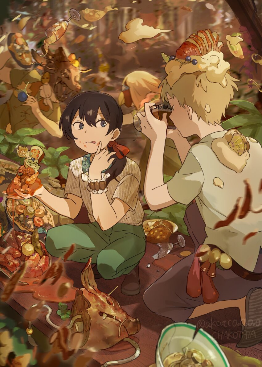 1boy 1girl 4others :q black_hair blonde_hair blue_eyes bow bowl bracelet broken_cup camera chakotata cup drinking_glass food food_fight food_on_clothes food_on_face food_on_head green_pants hair_bow hair_over_shoulder highres indoors jewelry kneeling mask meat messy multiple_others object_on_head on_table original pants plate red_bow shoes short_hair short_sleeves squatting table taking_picture tongue tongue_out twitter_username watermark