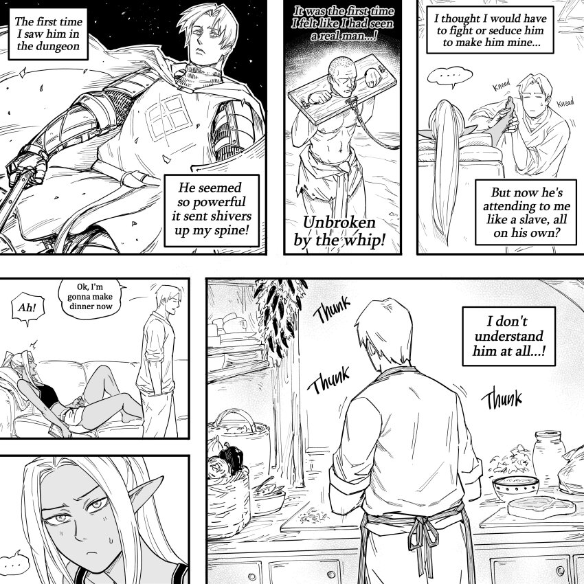 ... 1girl 2boys absurdres apron bb_(baalbuddy) brother_and_sister brother_and_step-sister cape casual cooking crop_top english_text gauntlets highres left-to-right_manga long_hair multiple_boys original paladin short_hair short_shorts shorts siblings slave speech_bubble spoken_ellipsis step-brother_and_step-sister step-siblings tabard tank_top willford_diccard zana_(dark_elf_stepsister)