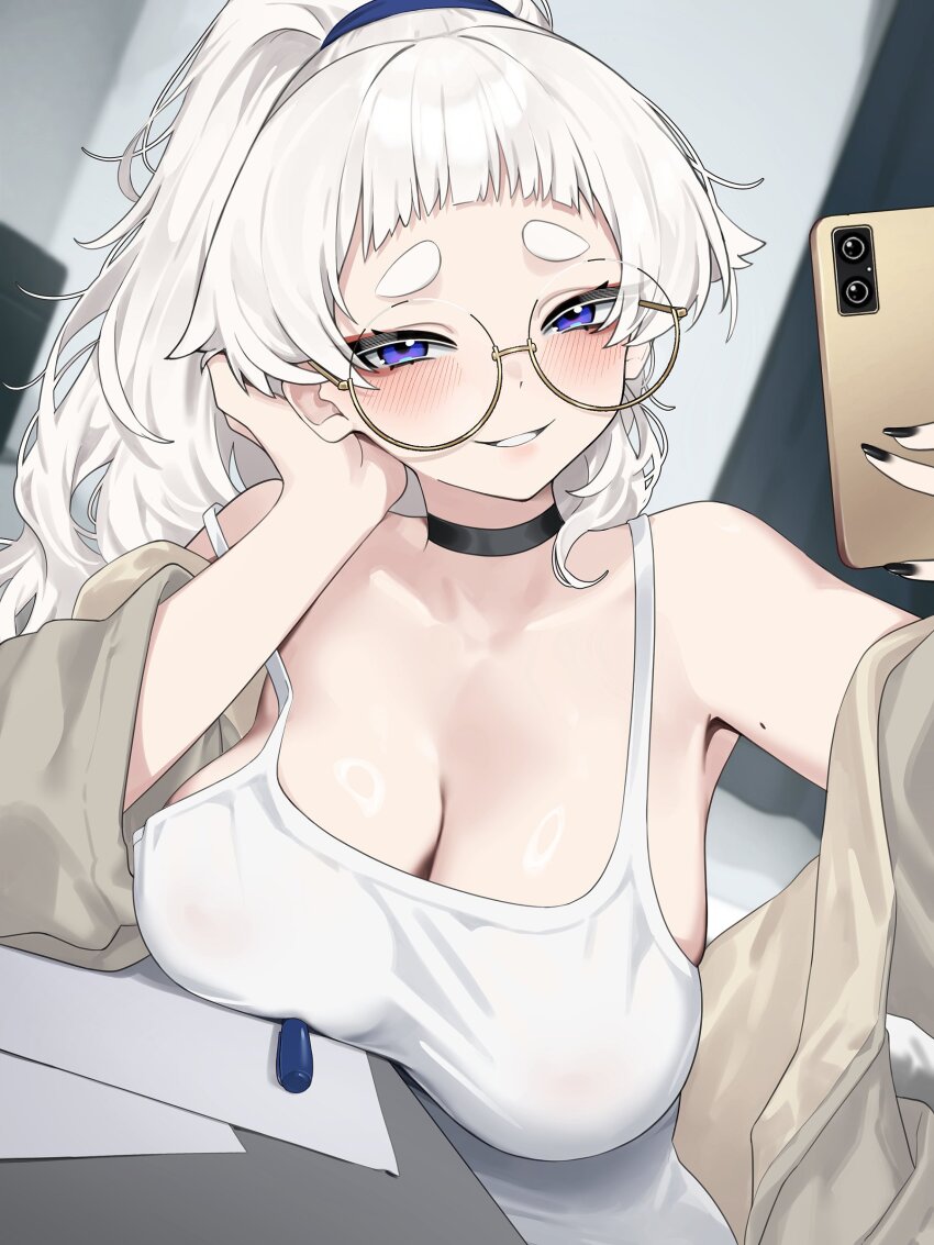 1girl absurdres bare_shoulders black_choker black_nails blush breast_rest breasts camisole cellphone choker cleavage glasses grin highres large_breasts leaning_to_the_side long_hair looking_at_viewer meg_(wakamepiza) mole mole_on_arm mole_on_armpit original phone ponytail purple_eyes round_eyewear short_bangs smartphone smile solo thick_eyebrows thick_eyelashes tsurime wakamepiza white_camisole white_hair yellow-framed_eyewear