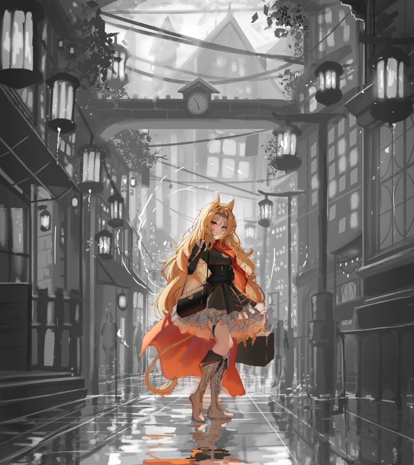 1girl absurdres animal_ears archetto_(arknights) arknights bag black_corset black_dress black_gloves blonde_hair blue_eyes blush brown_hair cape cityscape corset dress gloves hair_ornament heterochromia highres holding holding_bag lamppost lilac_(k32420276) lion_tail long_hair looking_at_viewer outdoors red_cape red_eyes road skirt smile solo street tail two-sided_dress two-sided_fabric very_long_hair white_skirt wide_shot