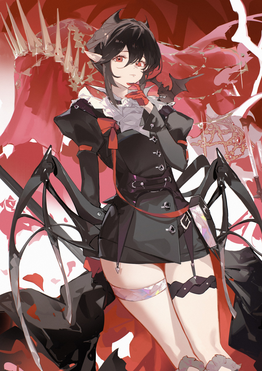 1girl absurdres animal animal_on_shoulder arknights arm_at_side ascot bat_(animal) black_dress black_hair chinese_commentary commentary_request dress dutch_angle entelechia_(arknights) feet_out_of_frame flower gloves half_gloves highres horns laoshi_wo_hao_e looking_at_viewer low_wings pointy_ears puffy_sleeves red_background red_eyes red_gloves rose short_hair solo star-shaped_pupils star_(symbol) symbol-shaped_pupils thigh_strap white_ascot white_background white_flower white_rose wings