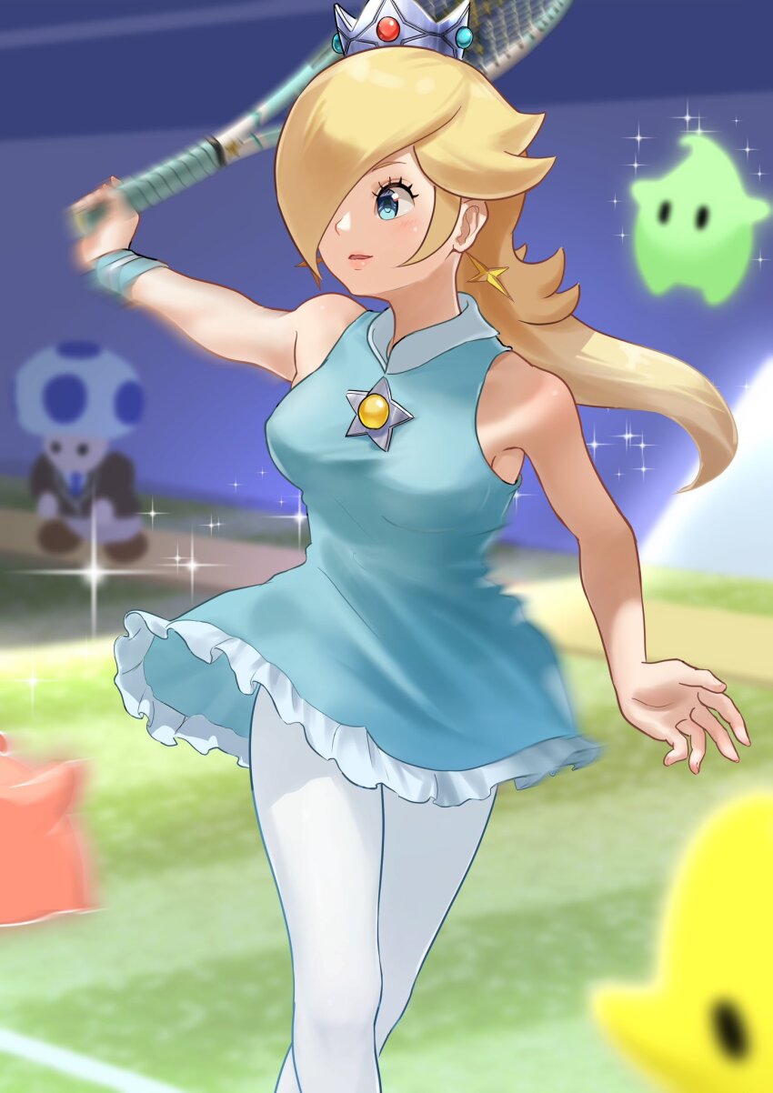 1girl blonde_hair blue_toad_(mario) blurry blurry_background blurry_foreground breasts crown dress earrings hair_over_one_eye highres holding_tennis_racket jewelry kurere1202 long_hair luma_(mario) mario_(series) mario_tennis mario_tennis_aces medium_breasts mini_crown motion_blur nintendo pantyhose rosalina short_dress sleeveless sleeveless_dress sparkle star_(symbol) star_earrings toad_(mario) white_pantyhose