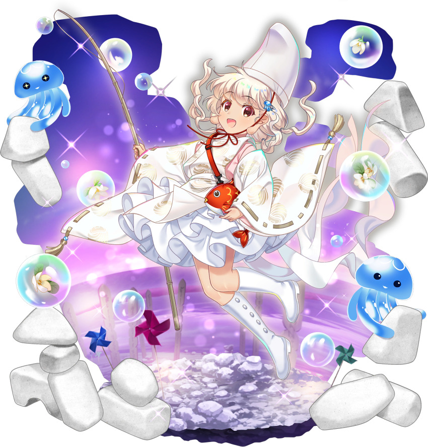 1girl alternate_costume boots bubble detached_sleeves ebisu_eika fish fishing_rod flower flower_request game_cg hat highres holding holding_fishing_rod japanese_clothes jellyfish jellyfish_hair_ornament kataginu long_earlobes long_sleeves looking_at_viewer official_art open_mouth petticoat pinwheel purple_sky purple_water ribbon-trimmed_sleeves ribbon_trim rock rock_balancing rotte_(1109) sky smile solo sparkle tate_eboshi third-party_source touhou touhou_lostword transparent_background water white_boots white_flower white_hat wide_sleeves