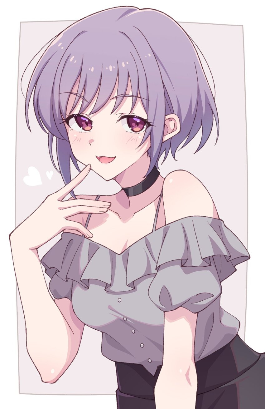 1girl bang_dream! bang_dream!_it&#039;s_mygo!!!!! black_choker blush choker commentary e20 frilled_shirt frills grey_background grey_shirt heart highres looking_at_viewer off-shoulder_shirt off_shoulder open_mouth pink_eyes purple_hair shirt short_hair short_sleeves solo yuutenji_nyamu