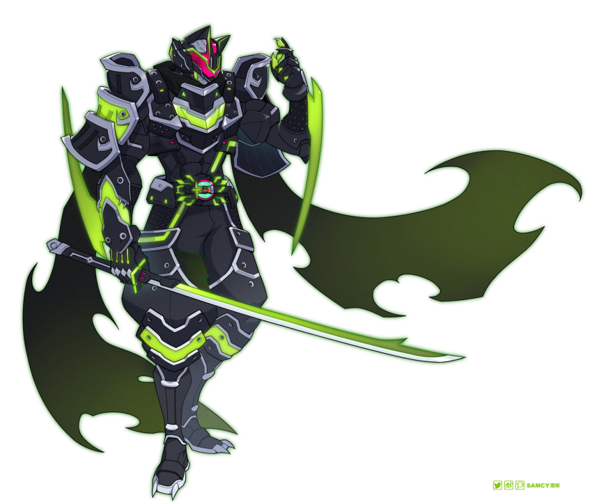 1boy absurdres animal_ears armor black_armor black_bodysuit bodysuit bujin_(geats) bujinsword_buckle cape desire_driver glowing glowing_eyes highres holding holding_sword holding_weapon kamen_rider kamen_rider_geats_(series) kamen_rider_tycoon kamen_rider_tycoon_bujinsword katana ninja_buckle power_armor raccoon_ears raise_buckle red_eyes red_visor rider_belt shogun sword tongzhen_ganfan weapon