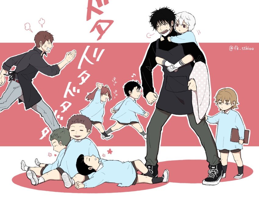 1girl 6+boys aged_down anger_vein apron arafune_tetsuji arms_up belt black_hair black_shirt book brown_hair carrying chasing child clenched_teeth closed_eyes clothes_grab ema_yuzuru fume grey_apron grey_hair grey_pants grey_shorts hanzaki_yoshito holding holding_book humming kageura_masato kindergarten_uniform kitazoe_hiro kuga_yuuma laughing leaning_back leaning_on_person long_hair long_sleeves looking_at_another looking_away lying mask mask_pull mouth_mask multiple_boys murakami_kou musical_note nire_hikari on_back outline pants piggyback pompadour profile red_background red_hair running sharp_teeth shio_(fk_sshioo) shirt short_hair shorts sigh sitting sitting_on_lap sitting_on_person sleeping sleeping_upright socks teacher_and_student teeth touma_isami twitter_username white_outline world_trigger