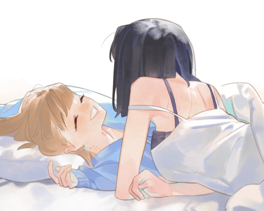 2girls :d ^_^ back bite_mark bite_mark_on_neck black_bra black_hair blue_cardigan blunt_bangs bob_cut borrowed_clothes bra breasts brown_hair cardigan center-flap_bangs closed_eyes commentary_request dress grin hickey highres kachimachi_kosuzu large_breasts link!_like!_love_live! long_hair long_sleeves love_live! momose_ginko momose_ginko_(summer_loungewear) multiple_girls open_mouth pipi_(m1x_mix) short_hair shoulder_blades sleeveless sleeveless_dress sleeves_past_wrists smile spaghetti_strap strap_slip underwear virtual_youtuber white_dress yuri