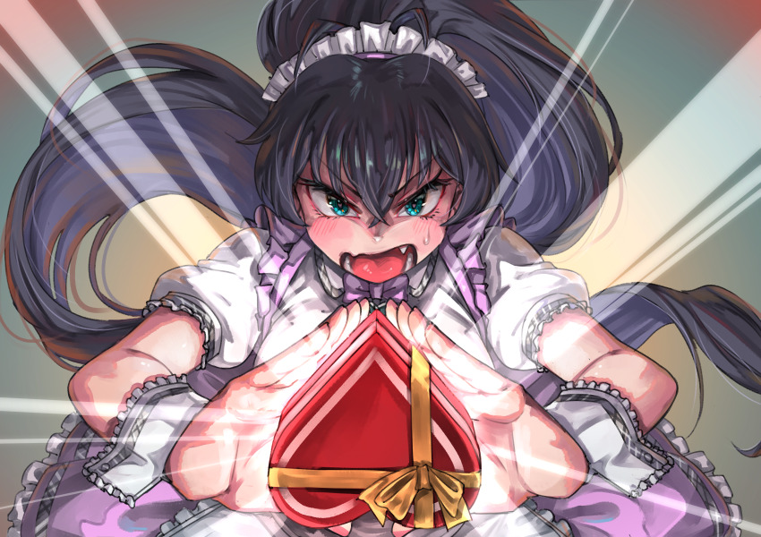 1girl absurdres apron black_hair blue_eyes blush bow bowtie box commentary dress english_commentary fang frilled_apron frills ganaha_hibiki gift gift_box hair_between_eyes heart-shaped_box high_ponytail highres hold111 idolmaster idolmaster_(classic) idolmaster_million_live! idolmaster_million_live!_theater_days incoming_gift kikouhou long_hair looking_at_viewer maid_headdress official_alternate_costume open_mouth pink_bow pink_bowtie pink_dress ponytail pretty_waitress_(idolmaster) puffy_short_sleeves puffy_sleeves short_sleeves solo sweatdrop teeth upper_body valentine white_apron white_headdress white_wrist_cuffs wrist_cuffs
