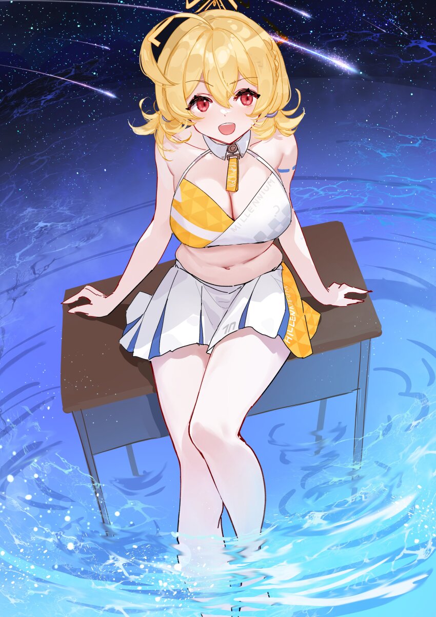 1girl absurdres blonde_hair blue_archive breasts cheerleader cleavage halo highres kotori_(blue_archive) kotori_(cheer_squad)_(blue_archive) large_breasts looking_at_viewer love_handles millennium_cheerleader_outfit_(blue_archive) navel official_alternate_costume open_mouth plump red_eyes reiami skirt smile solo sports_bra two-tone_sports_bra white_skirt yellow_halo