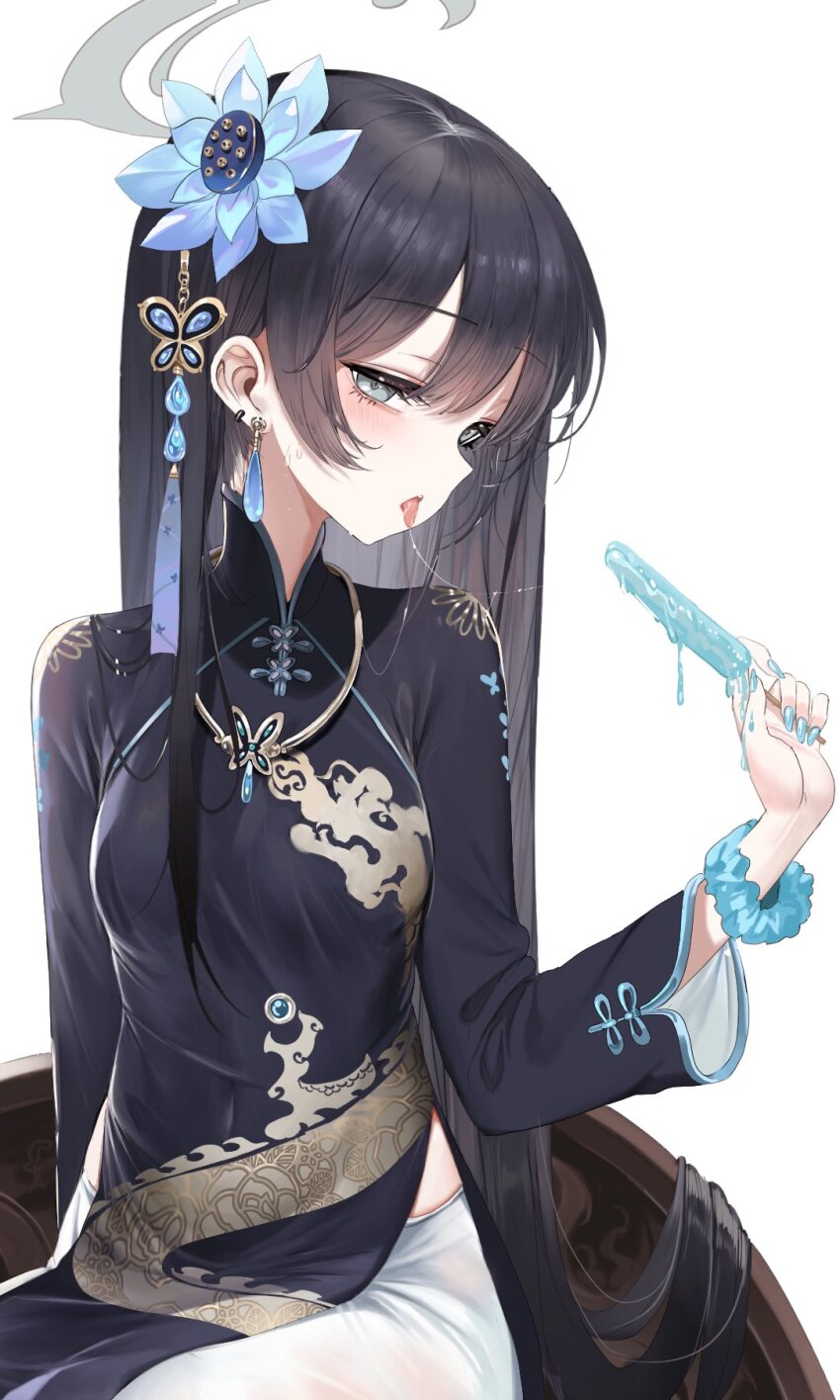1girl ao_dai black_dress black_hair blue_archive blue_nails breasts dishwasher1910 dragon_print dress earrings food hair_down hair_ornament halo highres holding holding_food holding_popsicle jewelry kisaki_(blue_archive) long_dress long_hair long_sleeves melting nail_polish necklace pants popsicle saliva saliva_trail sexually_suggestive small_breasts white_pants