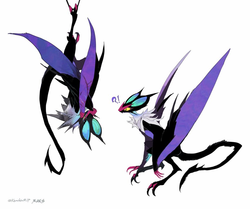 !? animal_ears animal_focus artist_name bat_ears bat_wings black_fur black_tail claws colored_sclera creature creature_focus full_body gen_6_pokemon highres kamikiririp nintendo no_humans noivern original pokemon pokemon_(creature) pokemon_focus purple_wings upside-down white_background white_fur wings yellow_sclera
