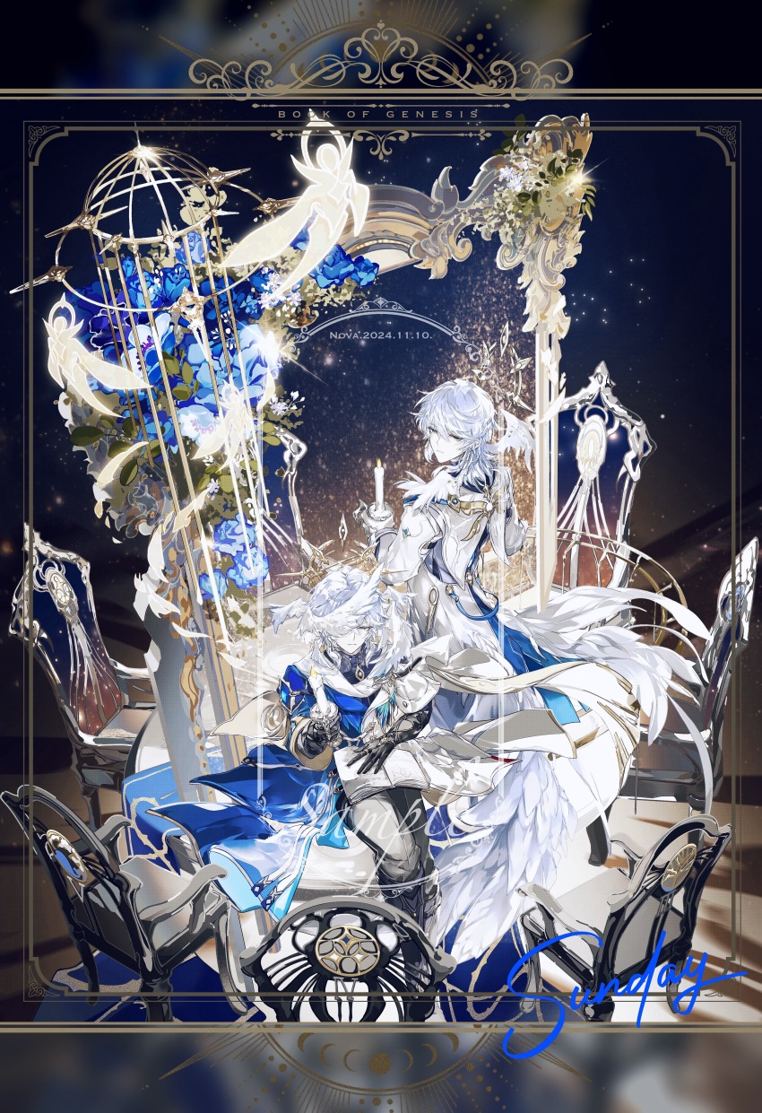 2boys absurdres armchair birdcage black_boots black_gloves black_pants black_shirt blue_coat blue_flower blue_rose blurry_border book boots border cage candle candlestand chair character_name closed_mouth coat dated dual_persona earrings elbow_gloves empty_picture_frame english_text feather_trim feathered_wings feet_out_of_frame flower full_body gloves gold_earrings grey_hair hair_between_eyes halo halo_behind_head head_wings highres holding holding_book holding_candle honkai:_star_rail honkai_(series) jewelry knee_boots letterboxed light_particles long_sleeves looking_at_viewer looking_back male_focus medium_hair moon_phases multicolored_coat multiple_boys multiple_rings multiple_wings nnnnnova one_eye_covered open_book ornate_border pants pants_tucked_in picture_frame piercing plant procreate_(medium) puritan_collar reading ring rose round_table sample_watermark scarf shirt sitting sitting_on_table sleeve_garter spiked_halo spirit sunday_(honkai:_star_rail) table three-quarter_sleeves turtleneck two-tone_coat vines watermark white_coat white_gloves white_pants white_scarf white_wings wing_piercing wings yellow_eyes