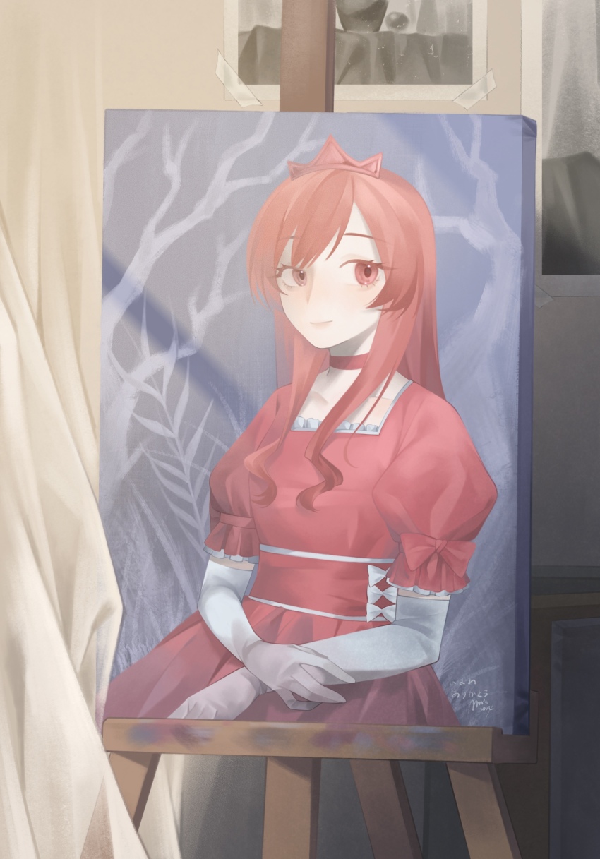 1000-nen_ikiteru_(vocaloid) 1girl absurdres bare_tree choker closed_mouth collarbone commentary_request curtains drawing_(object) dress easel elbow_gloves fine_art_parody gloves grass hands_on_lap highres iki_(iyowa) indoors iyowa_girls light_blush long_hair looking_at_viewer mona_lisa moonmart painting_(object) parody pink_choker pink_dress pink_eyes pink_hair portrait_(object) puffy_short_sleeves puffy_sleeves short_sleeves smile solo tape tiara tree white_gloves