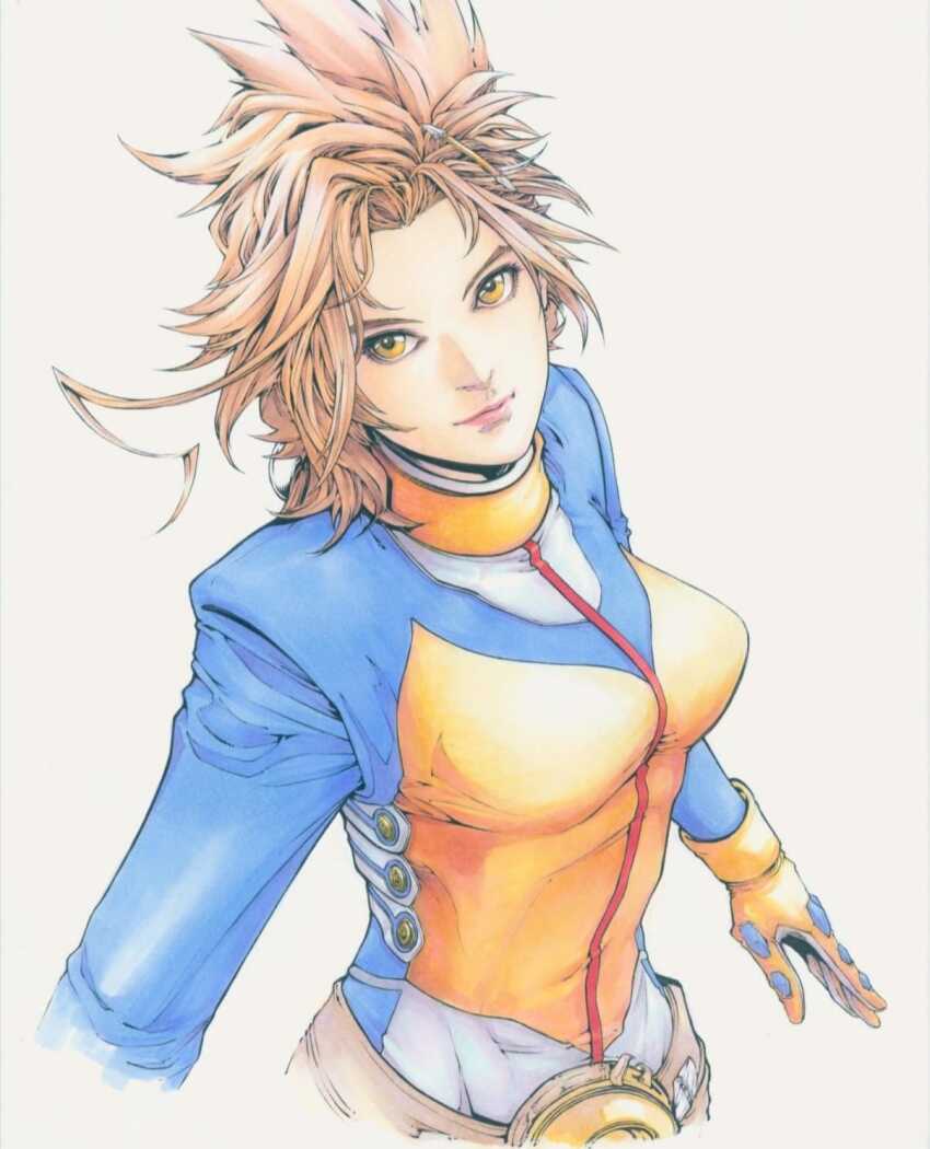 1girl andy_seto anling_(cyber_weapon_z) breasts brown_hair chinese_commentary commentary cyber_weapon_z english_commentary forehead hair_ornament hairclip highres jacket marker_(medium) medium_breasts mixed-language_commentary multicolored_jacket pink_lips smile solo traditional_media two-tone_gloves two-tone_jacket upper_body yellow_eyes