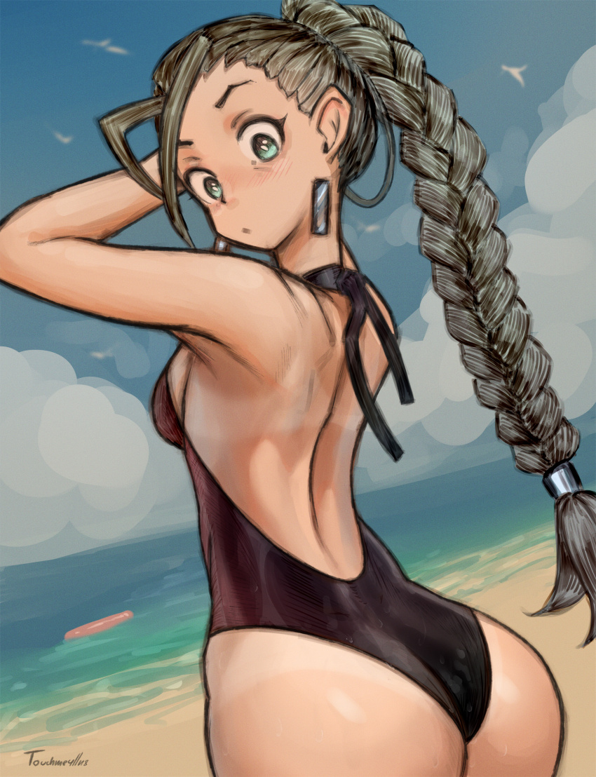 1girl antenna_hair ass backless_swimsuit beach bikini_tan black_one-piece_swimsuit blue_eyes braid braided_ponytail breasts cloud cloudy_sky commentary day earrings english_commentary from_behind grey_hair high_ponytail highres jewelry katya_(touchme4lln8) long_hair medium_breasts ocean one-piece_swimsuit original ponytail raised_eyebrows sand sideboob sky solo standing swimsuit tan tanline tanline_peek touchme4lln8 turning_head