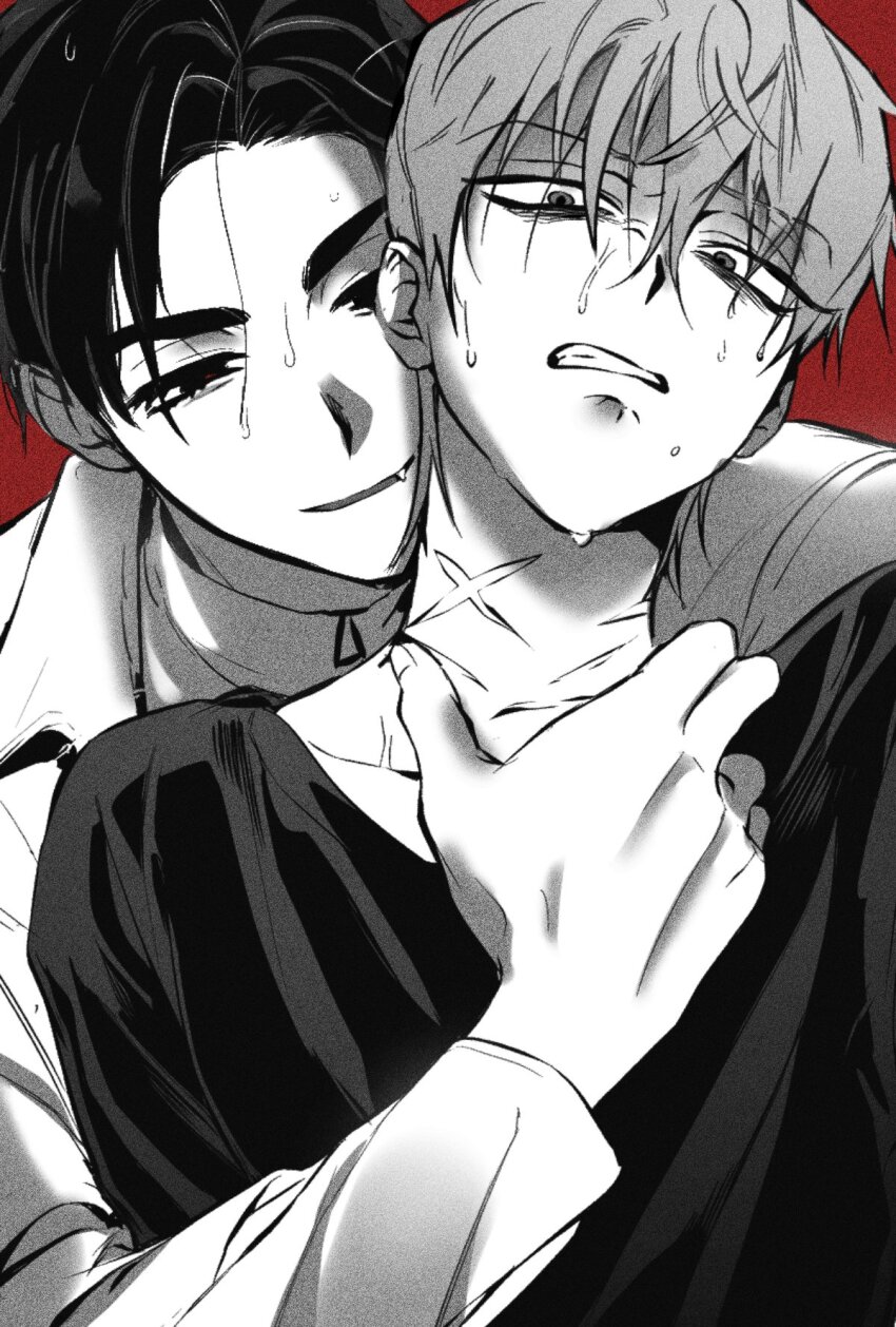 2boys alien_stage commentary cross_scar greyscale_with_colored_background hand_on_another&#039;s_neck highres ivan_(alien_stage) lubya male_focus multiple_boys open_mouth red_background scar scar_on_neck shirt short_hair smile till_(alien_stage) very_short_hair