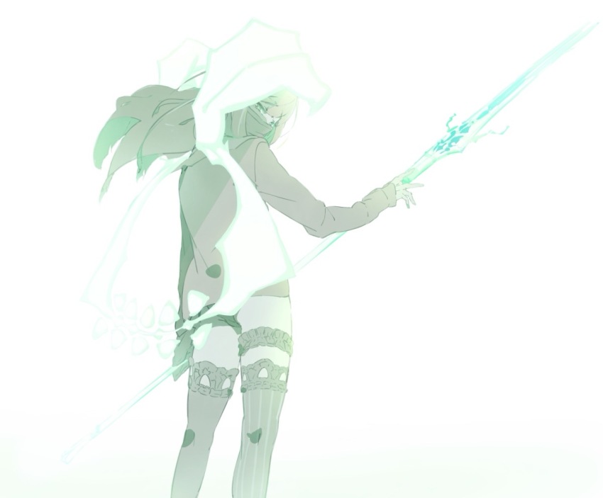 1boy asymmetrical_legwear aura black_panties black_surgical_mask brown_hair bulge glowing glowing_weapon green_eyes green_hair gretel_(sinoalice) holding holding_polearm holding_weapon jyasko0719 legband long_hair long_sleeves looking_at_viewer male_focus mask mouth_mask multicolored_hair panties polearm shirt simple_background sinoalice surgical_mask t-shirt thighhighs trap two-tone_hair underwear weapon white_background
