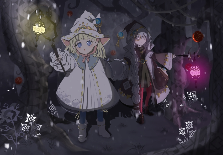 2girls astellar_of_the_white_forest bag blonde_hair blue_eyes blush boots braid brown_boots closed_mouth diabellstar_the_black_witch diabellze_the_original_sinkeeper dress duel_monster elzette_of_the_white_forest gown hat highres holding holding_hands holding_staff kurosaki_kazusa lamb long_hair monocle multiple_girls night open_mouth sheep side_braid staff tree very_long_hair white_boots white_dress white_eyes white_hair witch witch_hat yu-gi-oh!