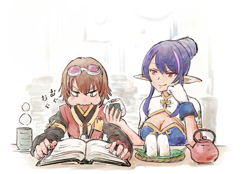 1girl 2girls :t absurdres annoyed blue_hair book breasts brown_hair chewing cleavage eating feeding fingerless_gloves food food_bite frown gloves goggles goggles_on_head green_eyes hands_on_own_cheeks hands_on_own_face head_rest highres holding holding_food judith_(tales) large_breasts long_hair looking_at_another multiple_girls nemimin onigiri open_book pointy_ears purple_hair reading red_eyes rice rita_mordio short_hair small_breasts smile smirk smug tales_of_(series) tales_of_vesperia teapot