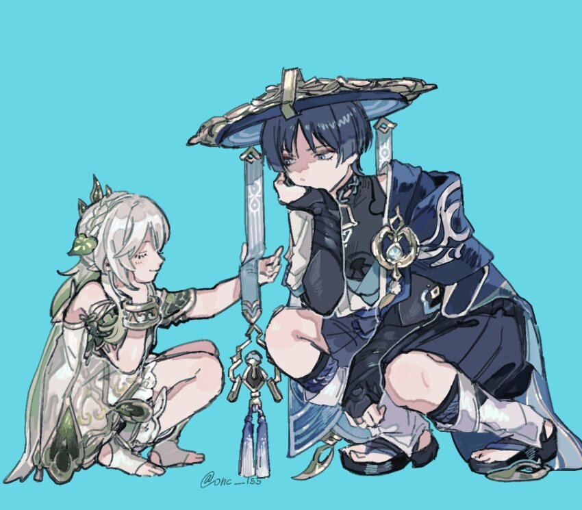 1boy 1girl anemo_symbol_(genshin_impact) armlet armor black_bridal_gauntlets black_hair black_sandals black_shorts black_socks bloomers blue_background blue_cape blue_gemstone blue_hat blue_kimono blue_sleeves blunt_ends bracelet braid bridal_gauntlets cape closed_eyes colored_tips covering_own_mouth crown_braid detached_sleeves dress elbow_on_thigh eyelashes eyeliner eyeshadow facing_another feathers gem genshin_impact gold gold_ring gold_trim green_cape green_hair green_sleeves grey_eyes hair_ornament hakama hakama_shorts han&#039;eri hand_on_own_face hand_over_own_mouth hands_up hat height_difference japanese_armor japanese_clothes jewelry jingasa kimono kote kurokote layered_kimono layered_sleeves leaf leaf_hair_ornament leg_warmers light_blush long_hair looking_at_another makeup middle_ring multicolored_hair nahida_(genshin_impact) onc_155 open_clothes open_hand open_kimono outstretched_arm parted_bangs partially_shaded_face pleated_shorts pointy_ears pom_pom_(clothes) purple_rope red_eyeliner red_eyeshadow rope sandals scaramouche_(genshin_impact) short_sleeves shorts sidelocks socks squatting stirrup_footwear stirrup_legwear toeless_legwear toenails toes twitter_username underwear vision_(genshin_impact) wanderer_(genshin_impact) white_bloomers white_dress white_hair white_kimono white_leg_warmers white_sleeves white_socks white_trim yellow_feathers zouri