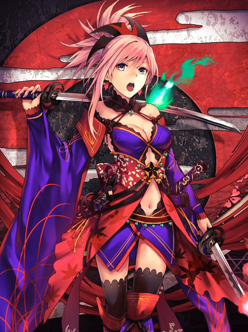 1girl applekun asymmetrical_hair black_thighhighs blue_eyes blue_kimono breasts cleavage clothing_cutout cowboy_shot dual_wielding earrings fate/grand_order fate_(series) folded_ponytail hair_ornament highres holding holding_sword holding_weapon japanese_clothes jewelry katana kimono leaf_print magatama maple_leaf_print miyamoto_musashi_(fate) miyamoto_musashi_(third_ascension)_(fate) navel_cutout obi open_mouth pink_hair revision sash sheath short_kimono solo standing sword thighhighs unsheathed weapon wide_sleeves