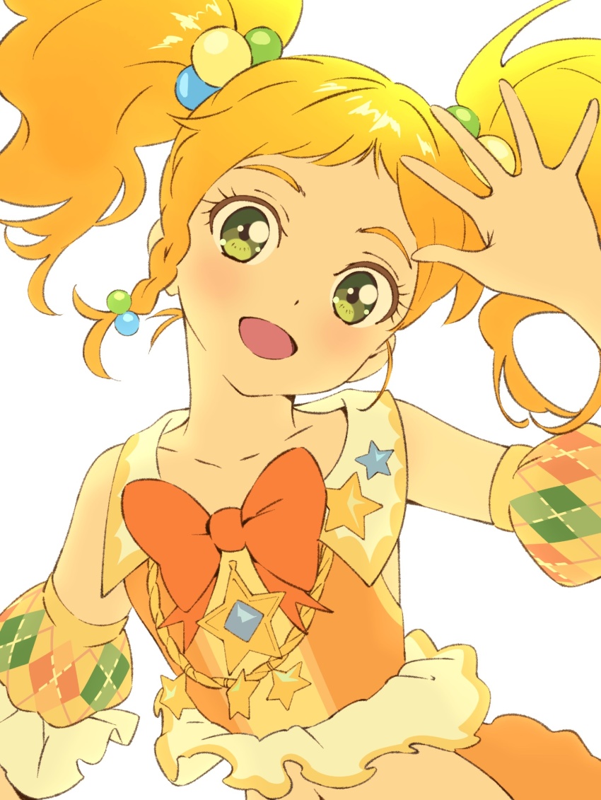 1girl :d aikatsu!_(series) aikatsu_stars! blonde_hair braid commentary detached_sleeves green_eyes hair_bobbles hair_ornament hand_up hashtag-only_commentary highres idol_clothes long_hair looking_at_viewer nikaido_yuzu open_hand open_mouth orange_shirt puffy_detached_sleeves puffy_sleeves semham shirt side_braid simple_background smile solo star_(symbol) twintails upper_body waving white_background
