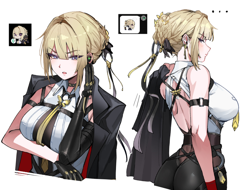 ... 1girl absurdres arm_strap ass bare_shoulders black_gloves black_jacket black_pants blonde_hair breasts collared_shirt commentary earpiece earrings elbow_gloves evelyn_chevalier gloves hand_up highres jacket jacket_on_shoulders jewelry large_breasts looking_at_viewer median_furrow meme mole mole_under_eye multiple_views necktie open_mouth ormille pants purple_eyes ring_hair_ornament shirt short_hair simple_background single_elbow_glove v-shaped_eyebrows white_background white_shirt yellow_necktie zenless_zone_zero zenless_zone_zero_sticker_redraw_(meme)