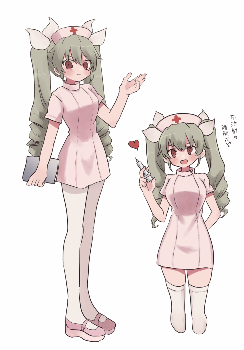 1girl absurdres anchovy_(girls_und_panzer) arm_behind_back clipboard closed_mouth commentary cropped_legs dress drill_hair gesture girls_und_panzer green_hair hair_ribbon hat heart highres holding holding_clipboard holding_syringe long_hair looking_at_viewer mary_janes nurse nurse_cap open_mouth pantyhose pink_dress pink_hat pink_shoes red_eyes ri_(qrcode) ribbon shoes short_dress short_sleeves simple_background smile solo standing syringe thighhighs twin_drills twintails white_background white_pantyhose white_ribbon white_thighhighs