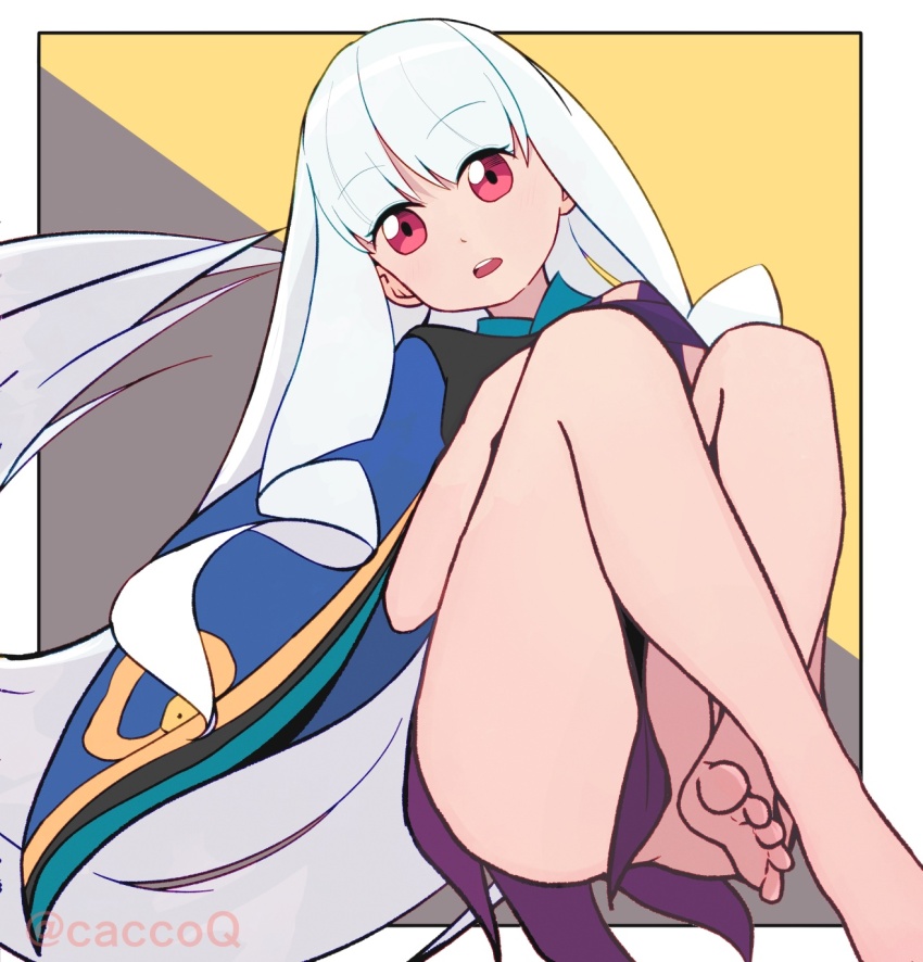 1girl artist_name bare_legs border caccoq character_request check_character check_copyright convenient_censoring copyright_request dorsiflexion feet foot_out_of_frame gold_trim grey_background grey_hair highres katanagatari knees_up leaning_to_the_side legs long_hair no_panties open_mouth pink_eyes sitting solo teeth thighs toes togame twitter_username two-tone_background upper_teeth_only very_long_hair white_border yellow_background