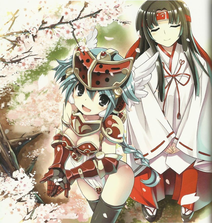 10s 2girls black_hair closed_eyes female_focus highres japanese_clothes long_hair miko mirim multiple_girls official_art queen&#039;s_blade queen&#039;s_blade_rebellion smile standing tomoe_(queen&#039;s_blade)