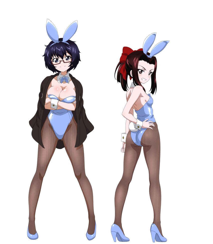 2girls absurdres animal_ears ass black_hair blue_bow blue_bowtie blue_eyes blue_leotard blush bow bowtie breasts brown_eyes brown_hair brown_pantyhose cleavage closed_mouth crossed_arms fake_animal_ears fake_tail full_body girls_und_panzer glasses grin hair_bow hand_on_own_hip high_heels highres key_(gaigaigai123) large_breasts leotard long_hair looking_at_viewer multiple_girls oryou_(girls_und_panzer) oversized_breast_cup oversized_clothes pantyhose playboy_bunny ponytail rabbit_ears rabbit_tail saemonza_(girls_und_panzer) short_hair simple_background smile tail undersized_breast_cup undersized_clothes white_background