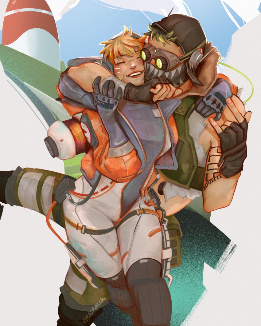 1boy 1girl \m/ ^_^ absurdres apex_legends black_gloves black_headwear blue_bodysuit blue_headwear blush bodysuit breasts cable closed_eyes commentary cropped_vest english_commentary closed_eyes fingerless_gloves gloves goggles green_hair green_vest highres hug hug_from_behind mechanical_legs medium_breasts nessepack octane_(apex_legends) olympus_(apex_legends) open_mouth ribbed_bodysuit shorts smile vest wattson_(apex_legends) white_bodysuit white_shorts
