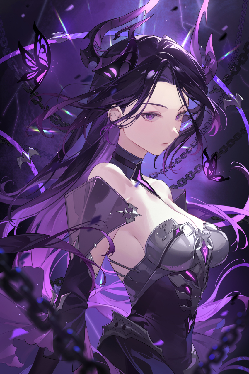 1girl absurdres black_hair blurry breasts bug butterfly chain chinese_commentary commentary_request depth_of_field dress duet_night_abyss gradient_hair highres horns ichisaku insect lips long_hair looking_at_viewer multicolored_hair purple_eyes purple_hair purple_theme sibylle_(duet_night_abyss) solo