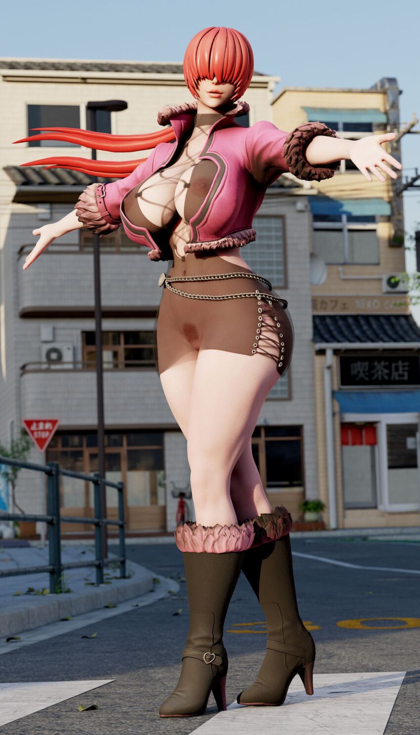 1girl boots breasts coat curvy dress female_focus heart highres huge_breasts large_breasts long_hair nipples outdoors pale_skin ponytail red_hair see-through_clothes shermie_(kof) skirt skyarsenic smile standing the_king_of_fighters thick_lips thick_thighs thighs wide_hips