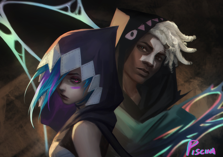 1boy 1girl absurdres arcane:_league_of_legends arcane_jinx artist_name blue_hair brown_eyes dark-skinned_male dark_skin ekko_(league_of_legends) facial_mark highres hood jinx_(league_of_legends) league_of_legends looking_at_viewer piscina purple_hair red_eyes white_hair