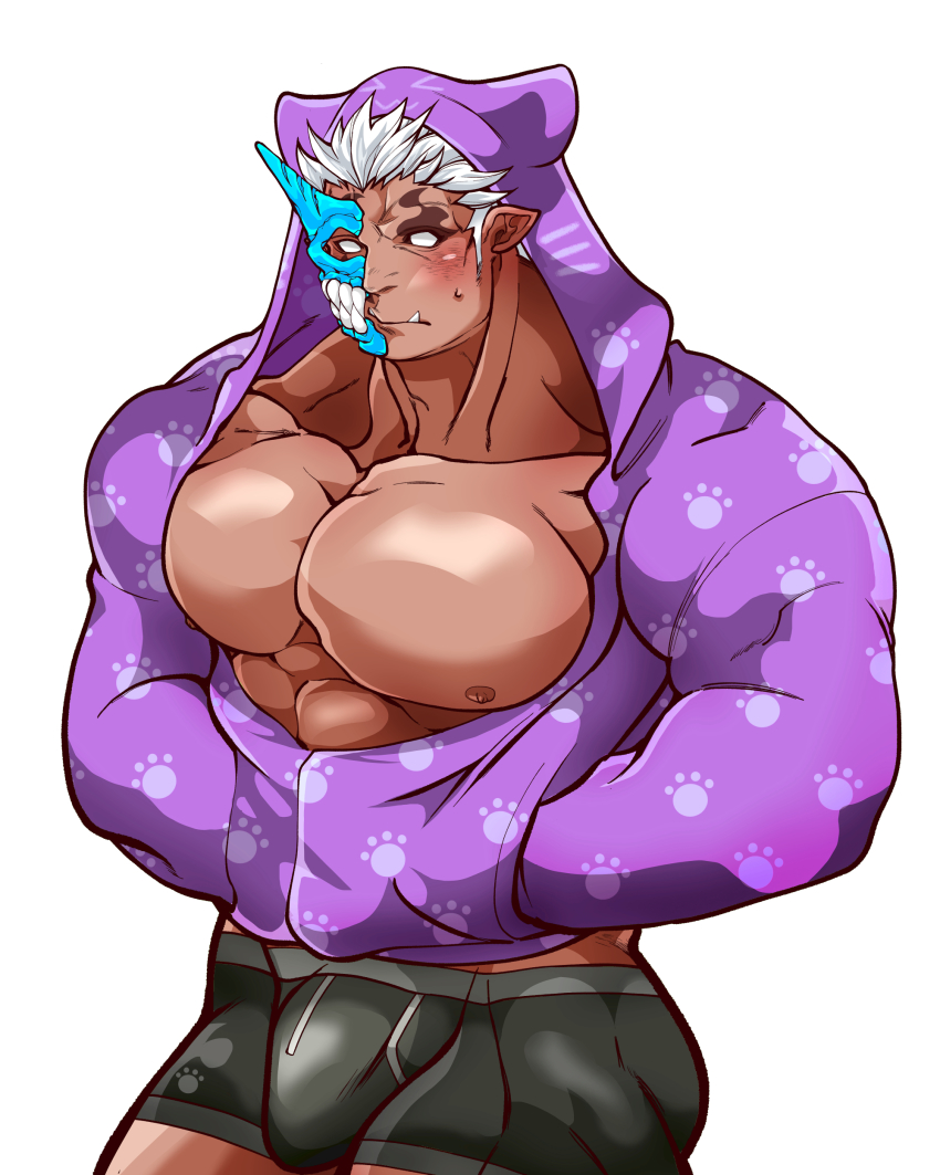 1boy abs absurdres alternate_costume bara bare_pectorals black_male_underwear blush boxers bulge bursting_pectorals dark-skinned_male dark_skin half_mask highres hood hood_up hoodie horned_mask horns jacket kizami_nori_to_yamaimo large_pectorals looking_at_viewer male_focus male_underwear mask monster_boy muscular muscular_male nipples no_pupils oni_mask partially_unbuttoned pectorals purple_hoodie purple_jacket short_hair shuten_douji_(housamo) sideburns single_horn solo tokyo_houkago_summoners underwear white_hair