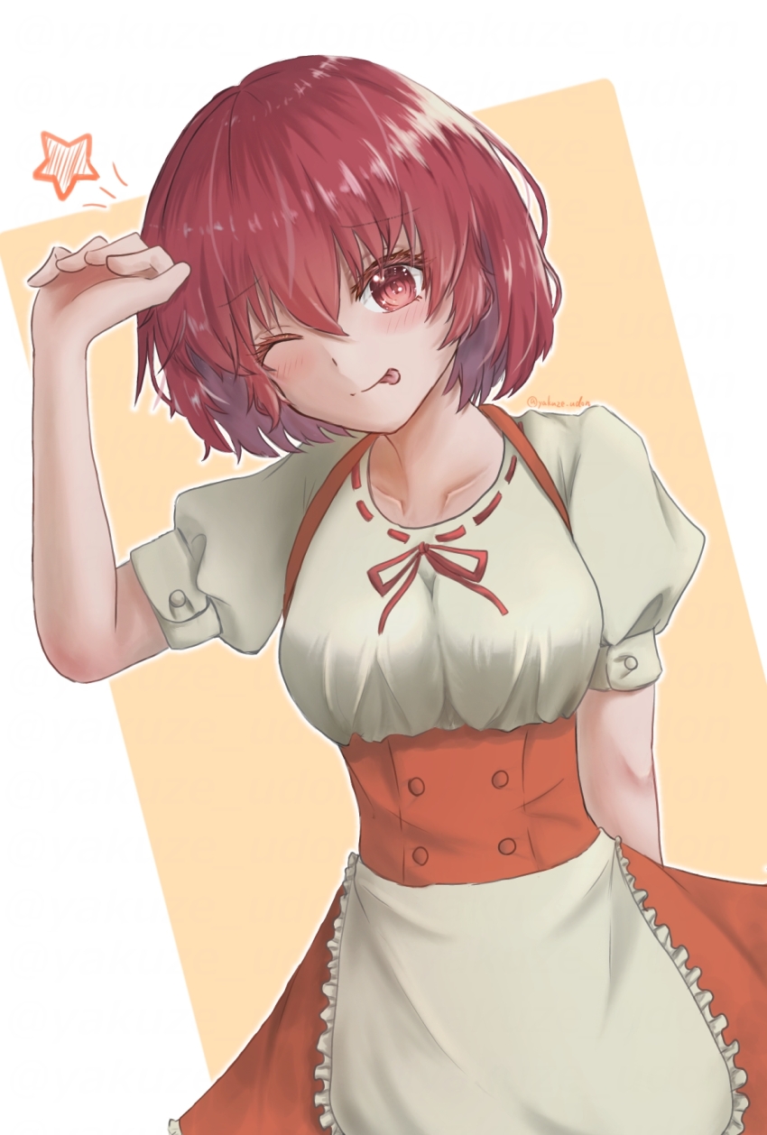 1girl :p apron arm_behind_back artist_name blouse blush bob_cut breasts collarbone commentary cowboy_shot curled_fingers dress dutch_angle frilled_apron frills hair_between_eyes hair_strand hand_to_head highres knocking kushieda_minori looking_at_viewer medium_breasts messy_hair neck_ribbon one_eye_closed orange_background orange_dress outside_border pinafore_dress puffy_short_sleeves puffy_sleeves raised_eyebrows red_eyes red_hair red_ribbon ribbon ringed_eyes shirt short_hair short_sleeves sleeveless_dress smile solo star_(symbol) tongue tongue_out toradora! twitter_username waist_apron waitress white_apron white_shirt yakuze_udon