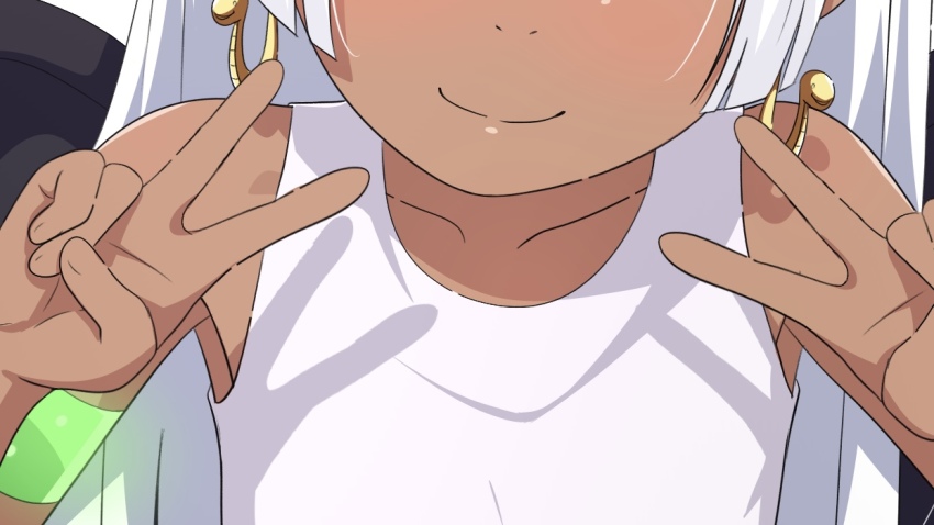 1girl angel_wings bare_arms bare_shoulders black_wings blood blush closed_mouth collarbone commentary_request dark-skinned_female dark_skin double_v dress earrings eyes_out_of_frame green_blood head_out_of_frame jewelry long_hair na-suke nostrils one_piece s-snake seraphim_(one_piece) simple_background sleeveless sleeveless_dress smile snake_earrings solo split_mouth v white_background white_dress white_hair wings