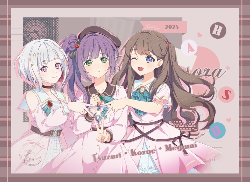 2025 3girls ;d ascot bare_shoulders beret bob_cut border brown_border brown_hair brown_hat character_name closed_mouth clothing_cutout collared_dress commentary contrast_collar cowboy_shot dream_believers dress flower fujishima_megumi green_ascot green_eyes green_ribbon hair_bun hair_flower hair_intakes hair_ornament hat inverted_bob inward_v link!_like!_love_live! long_hair long_sleeves love_live! multicolored_hair multiple_girls neck_ribbon official_alternate_costume official_style one_eye_closed open_mouth otomune_kozue pink_dress pink_eyes pinstripe_ascot pinstripe_ribbon purple_eyes purple_hair red_flower red_hair ribbon short_hair short_sleeves shoulder_cutout side_ponytail sidelocks single_side_bun smile sparkle split_mouth star_(symbol) star_hair_ornament starringooo streaked_hair symbol-only_commentary tassel tassel_hair_ornament triangle_hands triangle_hands_trio two_side_up v virtual_youtuber white_hair yugiri_tsuzuri