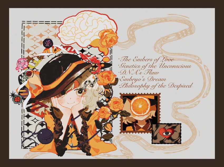 1girl amoeba black_hat blush border brain brown_border closed_mouth double_helix english_text flower food frilled_sleeves frills fruit grey_background grey_eyes grey_hair hands_on_own_cheeks hands_on_own_face hat heart highres komeiji_koishi long_sleeves looking_at_viewer medium_hair multiple_views nanji_shao one_eye_closed orange_(fruit) orange_flower shirt simple_background smile third_eye tilted_headwear touhou upper_body wide_sleeves yellow_shirt