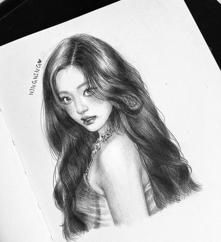 1girl aespa artist_name_(singer) bare_shoulders blush commentary cropped_torso greyscale highres k-pop long_hair looking_back monochrome ningning_(aespa) parted_lips pikaristar real_life solo traditional_media