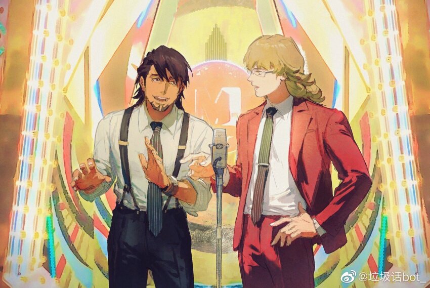2boys barnaby_brooks_jr. black_pants brown_hair chinese_commentary collared_shirt commentary_request creamyghost facial_hair glasses goatee highres jacket kaburagi_t._kotetsu male_focus microphone multiple_boys necktie pants red_jacket red_pants shirt striped_necktie suspenders tiger_&amp;_bunny upper_body white_shirt