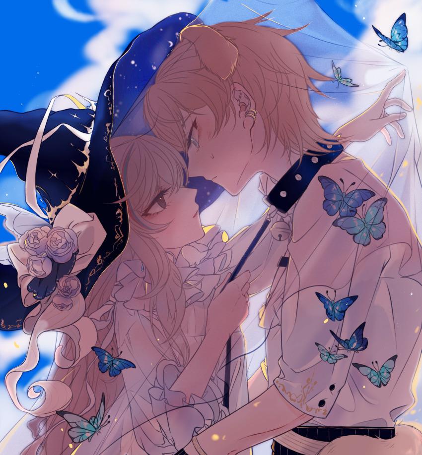 1boy 1girl animal_collar animal_ears arknights bear_girl bell black_collar black_eyes black_pants blonde_hair blue_butterfly blue_eyes blue_flower blue_sky blue_streaks blush bracelet bug butterfly chinese_commentary closed_mouth cloud collar collared_shirt commentary_request dog_boy dog_ears dog_tail ear_piercing earrings flower frills hair_between_eyes hand_up hat hetero highres holding holding_leash holding_veil insect jewelry leash looking_at_another looking_up neckerchief pants piercing qiaokelinaichahua red_streaks ribbon rosa_(arknights) see-through_clothes shirt sky smile sweat sweatdrop tail tequila_(arknights) veil white_hair white_ribbon white_shirt witch_hat