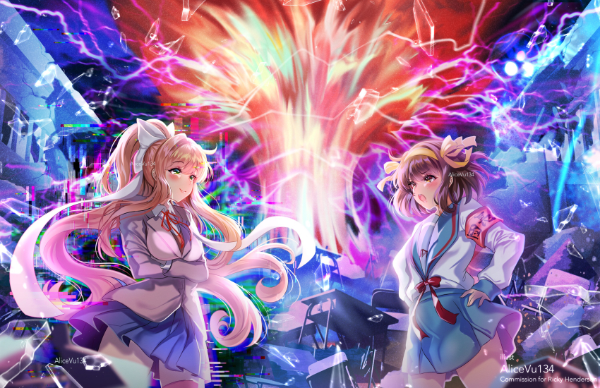 2girls :o alice_vu armband artist_name blazer blue_sailor_collar blue_skirt bow breasts brown_eyes brown_hair brown_jacket celestial_(suzumiya_haruhi) chair closed_mouth commentary commission crossed_arms crossover desk distortion doki_doki_literature_club english_commentary face-to-face faceoff glass_shards glitch green_eyes hair_bow hair_ribbon hairband hands_on_own_hips highres jacket kita_high_school_uniform large_breasts long_hair long_sleeves monika_(doki_doki_literature_club) multiple_girls open_mouth ponytail red_ribbon ribbon sailor_collar school_chair school_desk school_uniform serafuku shirt short_hair skirt smile suzumiya_haruhi suzumiya_haruhi_no_yuuutsu very_long_hair vs watermark white_bow white_ribbon white_shirt yellow_hairband yellow_ribbon