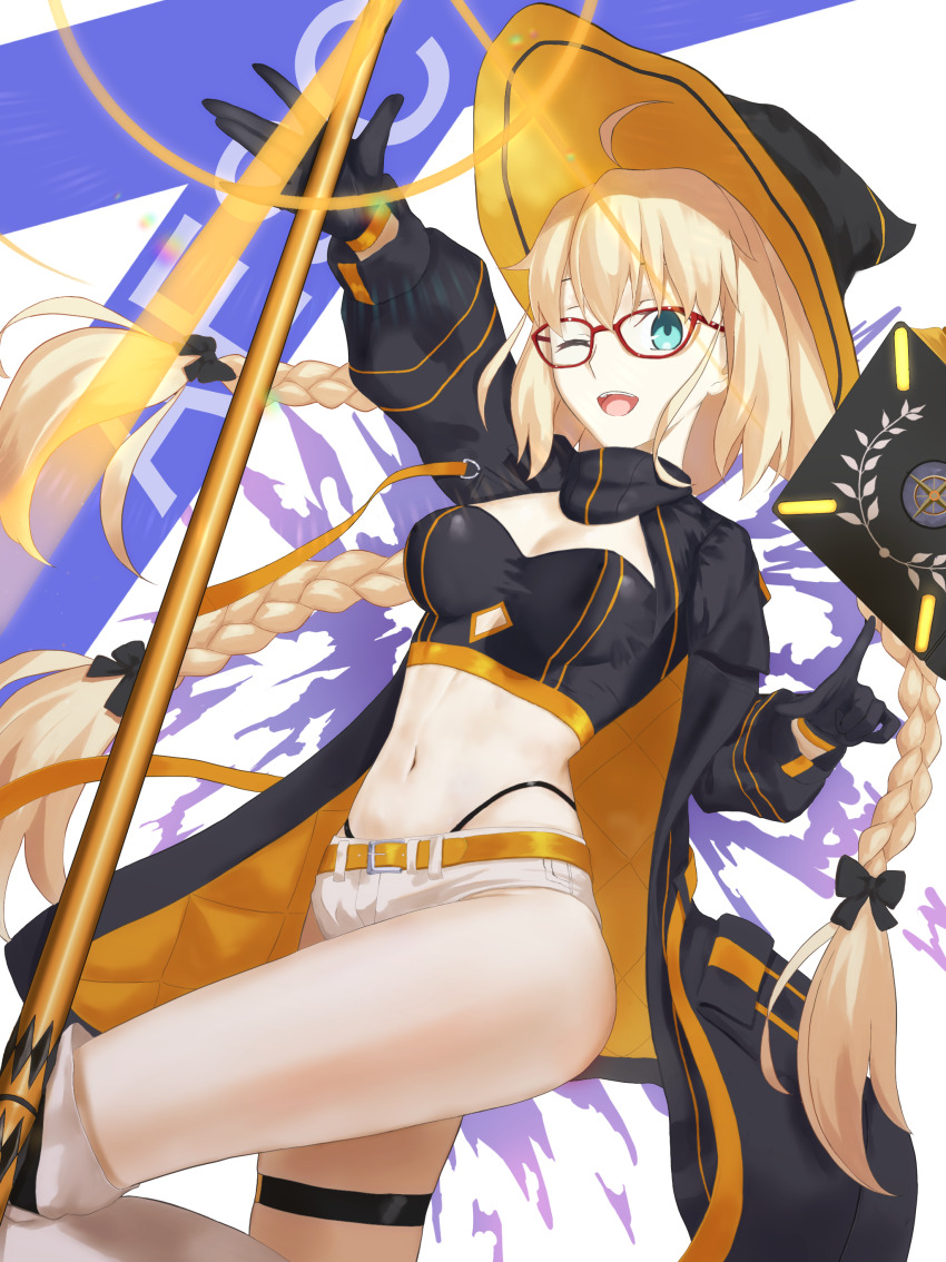 1girl absurdres aesc_(exhibition_attire)_(fate) aesc_(fate) aesc_(rain_witch)_(fate) ahoge akinaih black_gloves black_jacket blonde_hair blue_eyes book boots breasts crop_top fate/grand_order fate_(series) floating floating_book floating_object glasses gloves hand_up hat highleg highleg_panties highres jacket long_hair looking_at_viewer micro_shorts navel one_eye_closed open_mouth panties red-framed_eyewear shorts smile solo staff thigh_boots thigh_strap underwear witch_hat