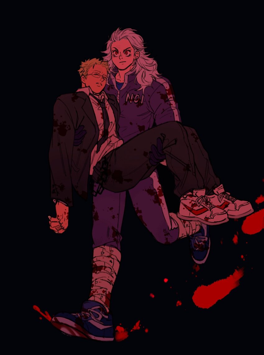 1boy 1girl black_jacket black_necktie black_pants blonde_hair blood blood_on_clothes blue_footwear carrying closed_mouth collared_shirt danheihei dorohedoro grey_hair hetero highres jacket jumpsuit necktie noi_(dorohedoro) pants princess_carry purple_jumpsuit red_eyes shin_(dorohedoro) shirt shoes sneakers white_footwear white_shirt