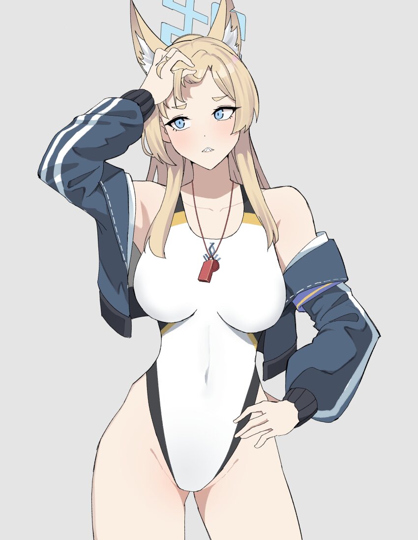 1girl absurdres animal_ear_fluff animal_ears armband bare_shoulders blonde_hair blue_archive blue_eyes blue_halo blue_jacket breasts competition_swimsuit covered_navel cowboy_shot cropped_jacket dog_ears dog_girl dot_nose extra_ears facing_viewer gar32 grey_background halo highleg highleg_one-piece_swimsuit highres jacket kanna_(blue_archive) kanna_(swimsuit)_(blue_archive) large_breasts light_blush long_hair long_sleeves looking_to_the_side off_shoulder official_alternate_costume one-piece_swimsuit open_clothes open_jacket parted_lips purple_armband scratching_head short_eyebrows simple_background solo standing swimsuit teeth track_jacket whistle whistle_around_neck white_one-piece_swimsuit