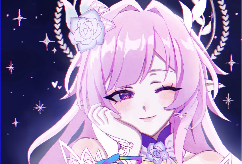 1girl ;) commentary cyrene_(honkai:_star_rail) cyrene_(ripples_of_past_reverie)_(honkai:_star_rail) earrings flower hair_flower hair_intakes hair_ornament halo highres honkai:_star_rail honkai_(series) jewelry long_hair multicolored_hair one_eye_closed oxo_tya pink_hair pointy_ears portrait purple_eyes sky smile solo star_(sky) starry_sky symbol-only_commentary two-tone_hair very_long_hair white_hair