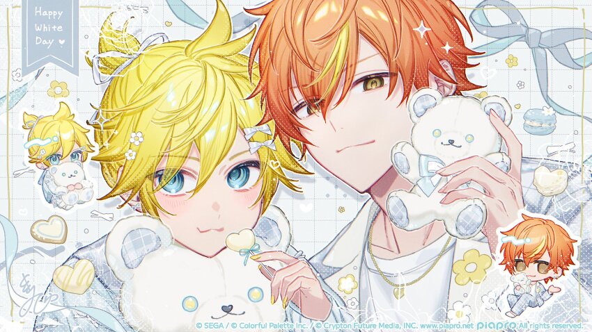2boys bilingual_commentary blonde_hair blue_eyes candy chibi collared_jacket commentary_request flower food green_eyes grid_background guest_art hair_between_eyes hair_flower hair_ornament hand_up highres holding holding_candy holding_food holding_stuffed_toy jacket jewelry kagamine_len kill_schwa macaron male_focus mixed-language_commentary multicolored_hair multiple_boys necklace official_art open_clothes open_jacket orange_hair ponytail project_sekai ribbon second-party_source shinonome_akito shirt sparkle streaked_hair stuffed_animal stuffed_toy teddy_bear upper_body vocaloid white_background white_day white_jacket white_ribbon white_shirt yellow_nails