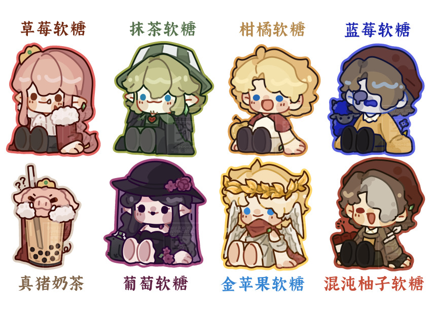 1girl 6+boys :d ? ?? absurdres androgynous angel animal apple beanie bird black_dress black_hat blonde_hair blue_eyes bubble_tea bucket_hat cape chibi chibi_only chinese_commentary chinese_text colored_skin commentary_request crow crown dream_smp dress explosive flower food friend_the_sheep fruit fur_trim ghostbur golden_apple green_eyes green_kimono grey_hair grey_skin hardcore_heart hat head_wings heart hello_xyqc highres humanization japanese_clothes kimono long_hair medium_hair minecraft minecraft_youtube misstrixtin multicolored_hair multiple_boys multiple_wings official_alternate_costume open_mouth ph1lza ph1lza&#039;s_chat pig pink_hair pointy_ears red_cape robe sheep short_hair sitting smile solid_circle_eyes streaked_hair sweater technoblade tnt tnt_block_(minecraft) tommyinnit translation_request white_background wilbur_soot wings yellow_sweater